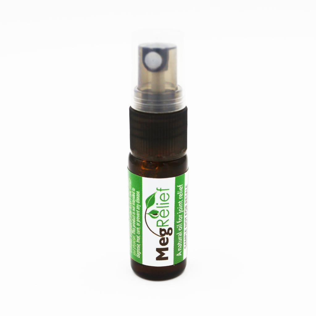 A clear spray bottle with a black nozzle and green-and-white label, viewed from the top.