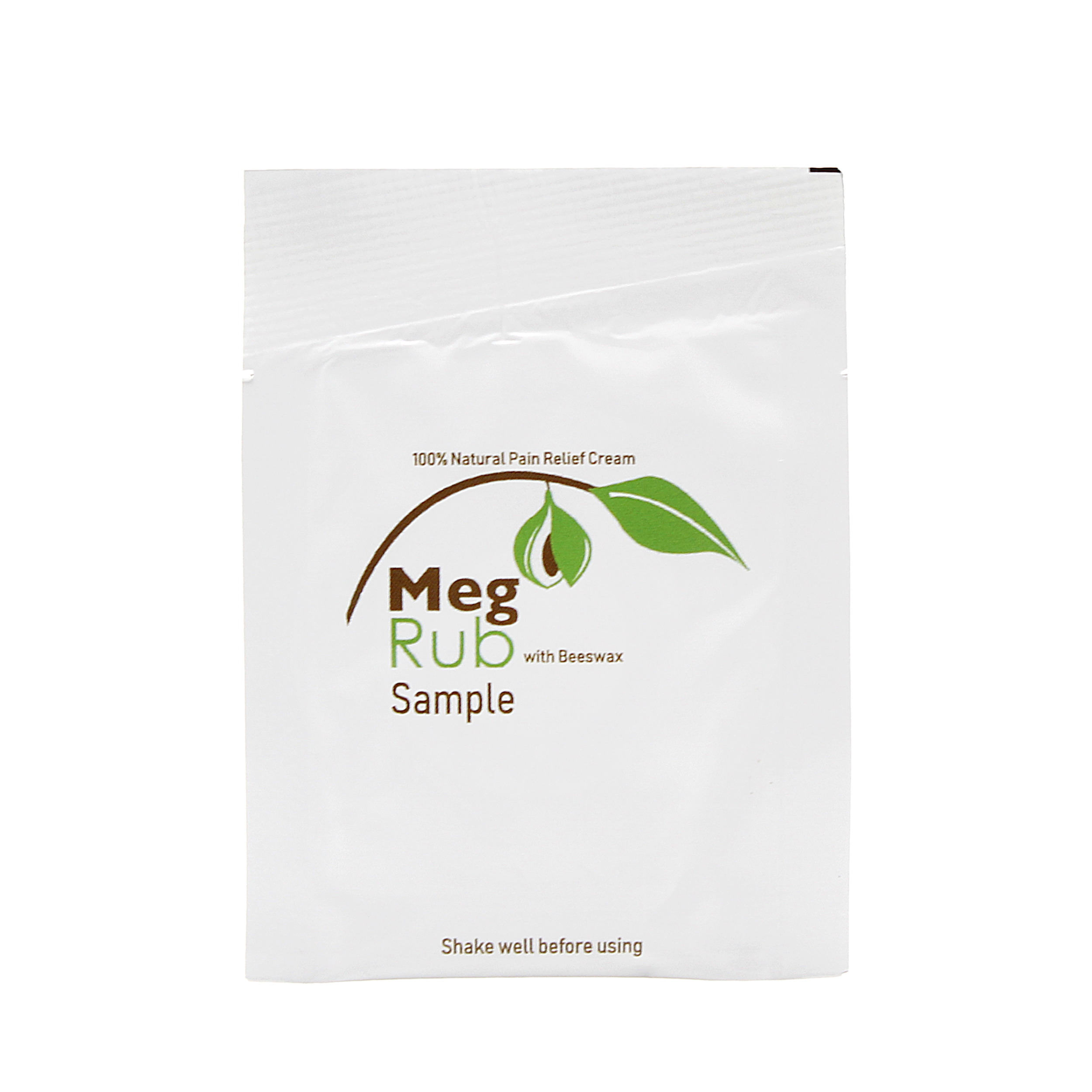 White packaging sachet for a pain relief cream with a green leaf logo and the text '100% Natural Pain Relief Cream'; includes 'Shake well before using' at the bottom.