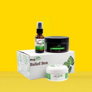 MegRelief Relief Box with a spray bottle, a black lid jar, and a small white tub on a white box against a bright yellow background.